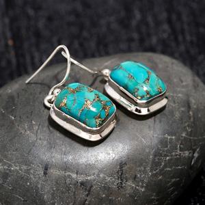 Blue Copper Turquoise 925 Sterling Silver Rectangle Cut Gemstone Hook <b>Earrings</b> December Birthstone <b>Handmade</b> Jewelry Gift for Her - Product Image 2