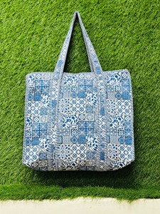 Handmade Quilted Cotton Tote Bag, Floral Block Print, 18x18 Inches - Product Image 3