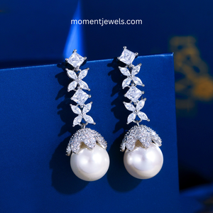Pendientes elegantes con forma de pétalo de flor para mujer, chapados en plata, imitación de perla, corte princesa, circonita, estilo clásico, joyería de boda - Product Image 4