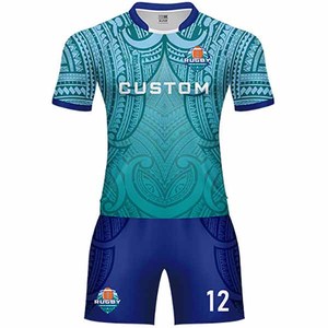 Conjunto de Camiseta de Rugby Personalizada para Hombre, Estampado por Sublimación, Patrón Azul y Verde, Cuello Polo, Secado Rápido, Tejido Deportivo, Atuendo de Verano - Product Image 6