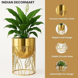 Soportes de flores de metal chapados en oro con diseño de hojas, maceteros modernos para interiores para decoración del hogar. - Product Image 4
