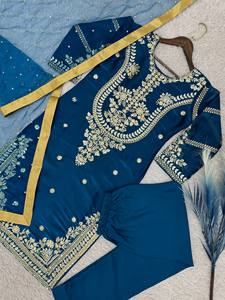 Modest Full Sleeve Peacock Blue Ethnic Party Wear Dress Embroidered Muslim Festive Abaya Style Salwar Kameez <b>Suit</b> - Product Image 1