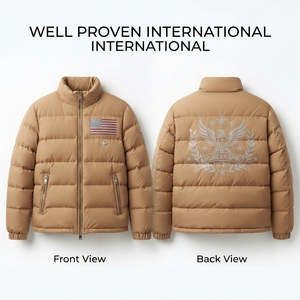 เสื้อแจ็คเก็ตพัฟเฟอร์แบบไร้รอยต่อ พรีเมียมสั่งทำพิเศษ แห้งเร็ว ระบายอากาศได้ดี ผลิตจากโพลีเอสเตอร์/ไนลอน แผงควิลท์แนวนอน สำหรับฤดูหนาวสีแทน - Product Image 1