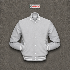 NOUVELLE PROMO Veste universitaire en laine argentée avec manches en cuir assorties, style baseball classique, fermeture à boutons-pression, col, poignets et ourlet côtelés - Product Image 5