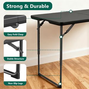 Heavy-Duty 4ft Folding <b>Table</b> <b>Adjustable</b> Height Portable Utility <b>Tables</b> Steel <b>Legs</b> Fold-in-Half Plastic Design for Home Office - Product Image 3