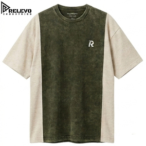 Men Premium Washed Two-Tone <b>Patchwork</b> Relaxed Fit Long Sleeve 100% Cotton Blank T-<b>Shirt</b> with Anti-Wrinkle Breathable Fabric - Product Image 1