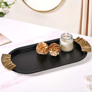 Modern <b>Black</b> Solid Oval Polished Metal Decorative Eco-Friendly <b>Serving</b> <b>Tray</b> Ribbed Handle Dishwasher Safe for Hotel Restaurant - Product Image 2