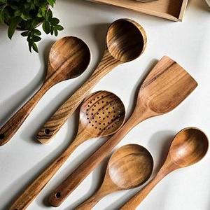 Juego de utensilios de cocina de madera chapados en oro rosa a granel, de alta calidad, de madera natural, con acabado espejo, que incluye espátula, cuchara, volteador y cucharón. - Product Image 1