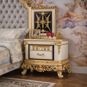 Ensemble de chambre d'hôtel de luxe classique européen antique français en acajou massif sculpté couleur crème, comprenant des tables de chevet avec rangement et un coiffeuse - Product Image 4