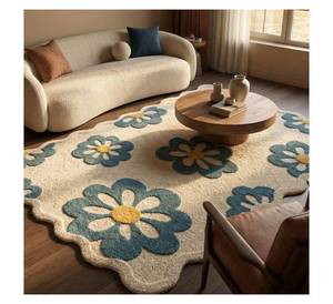 Tapis de luxe en laine texturée 3D bleu marine à motif floral, tufté à la main, design tendance 2026, avec bord festonné - Product Image 1