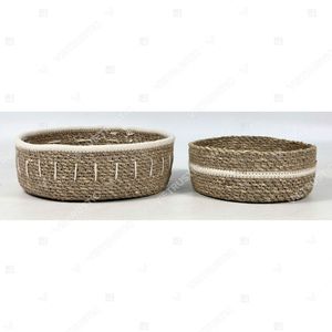 Plateaux et paniers de rangement alimentaire portables en jonc de mer tressé CORDLINE, écologiques, avec accents en cordon cousu - Product Image 3