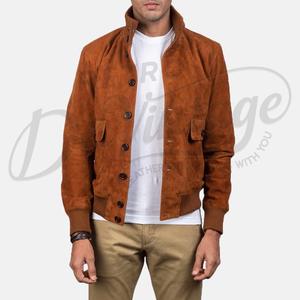 Veste en daim vintage pour homme, couleur tabac, boutonnée, style bomber, coupe slim, veste Harrington décontractée en daim - Product Image 1