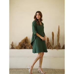 Vestido Mini Boho de Lino y Algodón para Mujer, Verde, Cuello en V, Corte Holgado, Informal, Ligero - Product Image 2