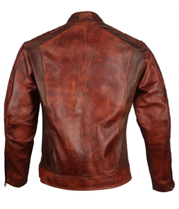 Veste de moto en cuir véritable marron pour homme, col montant, fermeture éclair, coupe classique, style automne, veste de motard - Product Image 4