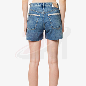 Shorts en jean délavé taille haute pour femme, coupe droite décontractée, avec poches, en coton bleu uni, idéal pour l'été - Product Image 2
