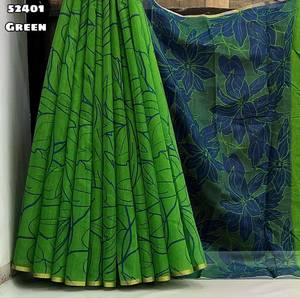 Tissu chanderi doux à imprimé floral numérique avec un magnifique pallu imprimé et une bordure zari patti. - Product Image 1