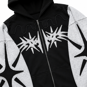 Sweat à capuche zippé contrastant pour homme, noir et gris, avec applique étoile, coupe oversize, style streetwear, fournisseur en gros - Product Image 6
