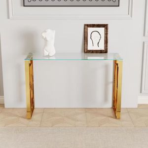 Table console moderne pour salon avec structure en acier plaqué or et plateau en marbre trempé de 10 mm pour usage hôtelier - Product Image 1