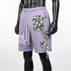 Short de bain en maille polyester premium lavande avec empiècements de poches cargo camouflage et logo personnalisé imprimé en sérigraphie – Short en maille pour homme - Product Image 1