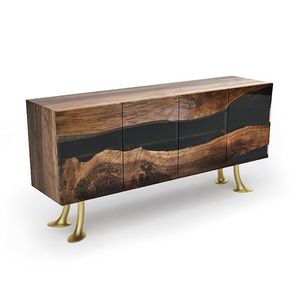 Buffet Modulaire Moderne en Bois Massif, Design Rivière de Résine, Fait Main, Style Ferme, Meuble d'Appartement, 4 Tiroirs, Bord Naturel, pour Studio - Product Image 1