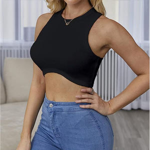 Women’s High Neck Ribbed Crop <b>Top</b> Sleeveless Stretch Slim Fit Casual Summer Tank - Product Image 4