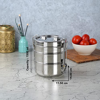 Boîte à lunch de luxe en acier inoxydable indien, 3 compartiments, 1,5 L, double niveau, légère, étanche, passe au lave-vaisselle, qualité alimentaire