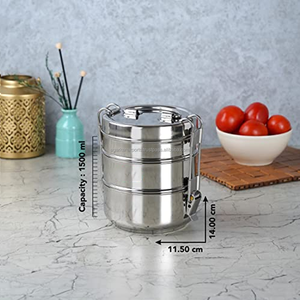 Indian Stainless Steel Luxury Bento <b>Lunch</b> <b>Box</b> 3 Compartment 1.5L Dual Tier Lightweight Leak Proof Dishwasher Safe Food Grade - Product Image 3