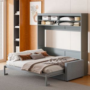Queen Size Gray Murphy <b>Bed</b> Wall <b>Bed</b> with Sofa Durable and <b>Space</b>-<b>Saving</b> Furniture - Product Image 1