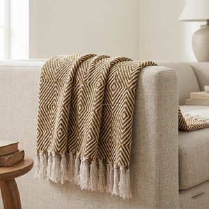 Neutral Recycled Cotton <b>Throw</b> Blanket with Subtle Linear Texture and Fringe <b>for</b> Sofa <b>Chair</b> and Relaxed Home Furnishing - Product Image 2