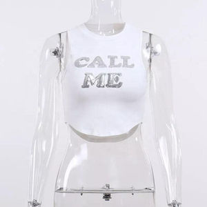 Women's Premium Tank <b>Top</b> 2026 White <b>Rhinestone</b> <b>Crop</b> <b>Top</b> Curved Hem Call Me Letter Graphic Y2K Streetwear Apparel Singlet HD - Product Image 2