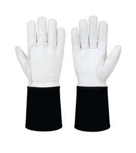 Holy Signs International HSI-0018 White Leather Welding <b>Gloves</b> with Black Cuff Straight Thumb Cotton Lined for TIG Use - Product Image 3