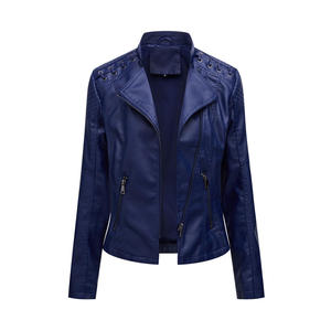 Chaqueta de Moto de Cuero PU para Mujer, Cuello Alto, Manga Larga, Cierre de Cremallera, Resistente al Viento, Color Sólido, Largo Regular, Otoño - Product Image 2