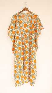 Hand Block Printed Orange Pomegranate Cotton <b>Kaftan</b> Dress Drawstring Waist Loungewear - Product Image 2