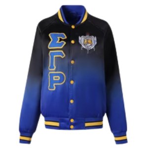 เสื้อแจ็คเก็ตบอมเบอร์ผ้าซาตินสีดำไล่เฉดแบบ Sigma Gamma Rho ปักลายเชนิลล์ เสื้อผ้าสำหรับชมรมนักศึกษากรีก ผู้หญิง ระดับพรีเมียม - Product Image 2