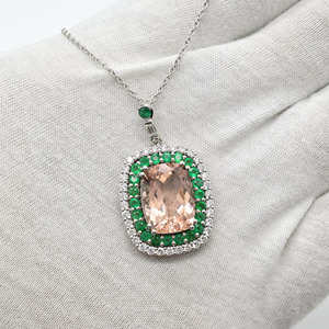 14K Solid White Gold 16X12MM Morganite <b>Pendant</b> Diamond Halo & <b>Emerald</b> Gemstone <b>Pendant</b> Wedding Jewelry Manufacturer from India - Product Image 6