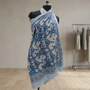 Bikini de Algodón con Estampado Floral Azul y Borde a Rayas, Estilo Étnico Tradicional, Prenda Casual Festiva para Mujer - Product Image 5