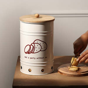 Conteneur de rangement cylindrique en métal blanc avec couvercle métallique, design vintage de dessin animé de pomme de terre, empilable pour la conservation des aliments frais dans la cuisine - Product Image 2