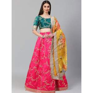 Merveilleux vêtements de mariage en soie d'art rose Lehenga Choli robes de soirée brodées - Product Image 3