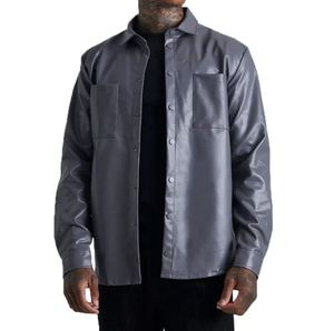 Classic Style Genuine Leather <b>Button</b> <b>Up</b> Casual Men’s Shirts <b>Short</b> <b>Sleeve</b> Breathable PU Leather Modern Loose Fit Solid Pattern - Product Image 1