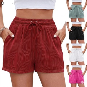 Pantalones Cortos de Pana de Cintura Alta para Mujer, Color Sólido, Cintura Elástica con Cordón, Corte Holgado, Casuales, de Verano, con Bolsillos - Product Image 1