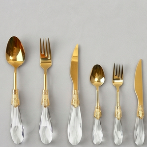 Elegant Gold Flatware Set With <b>Crystal</b> Handles Dishwasher Safe Cutlery 6 Piece Set Wedding Tableware - Product Image 1