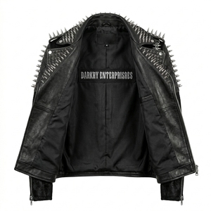 Veste en cuir pour homme personnalisée, style punk rock, cloutée, avec pointes, en cuir de vachette à poils, manteau moto en fourrure de vache, vente en gros, fabricant - Product Image 4
