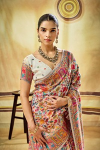 Sari en soie pure cachemire tissé à la main, élégant, design traditionnel indien, pour soirée, longueur ras du sol, extra doux - Product Image 4