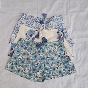 Women's Frill Pajama Set Cream Teal Blue Scattered Floral Block Print Cotton Tassel Drawstring Waist Summer Boho Shorts - Product Image 4