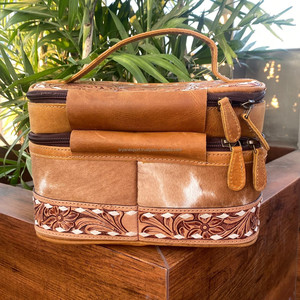 Sac cosmétique de maquillage en cuir repoussé à la main pochette de voyage portable pour femmes sac cosmétique en cuir de vachette pour femmes trousse de toilette de luxe styliste - Product Image 4