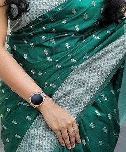 Green Silk Saree With Border Pattern Traditional Indian Wedding Dress Women <b>Floor</b>-Length Regular Fit Wrinkle Free All Seasons - Product Image 4
