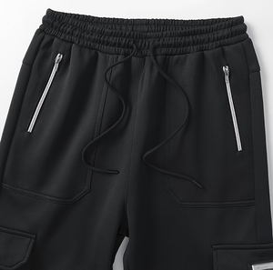 Men's Black Cargo Sweatpants Mid Waist Drawstring Casual Joggers Pockets Autumn Wear Loose Fit Knitted Corduroy Polyester/Cotton - Product Image 4