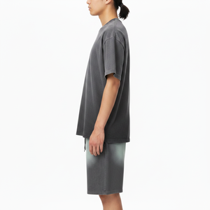 2026 Premium Men's Summer Sun-Faded Grey T-Shirt and Shorts <b>Set</b> 100% Cotton <b>Knitted</b> Fabric Dip Dye Technique Shorts 2 Piece <b>Set</b> - Product Image 3