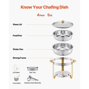 Set di piatti per sfregamento in acciaio inossidabile rotondi da 4 confezioni da 5 Qt con finitura dorata per il riscaldamento e la tenuta del Buffet - Product Image 6