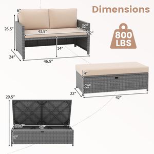 Canapé-lit d'extérieur en osier avec ottoman de rangement - Canapé deux places en rotin avec rangement dissimulé de 31 gallons et coussins pour patio et jardin - Product Image 3